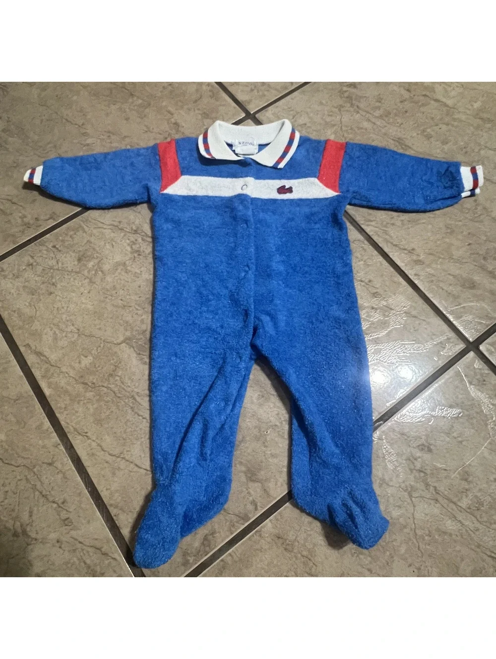 Vintage Izod Lacoste Terry Cloth Blue Red Striped Baby One Piece Footies 3/6M